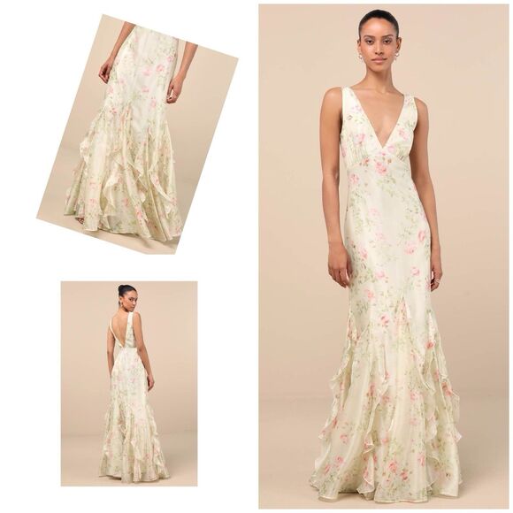 Lulus Deluca Dress Women's XS Cream Floral Maxi Ruffled Sleeveless NWOT - Picture 1 of 14